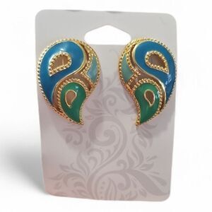 Avon Vintage 1992 Enamel Paisley Statement Earrings Blue Green Gold Tone Glam